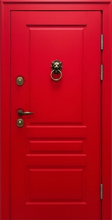 Металлическая термодверь с окрашенными красными панелями МДФ RAL с кнокером лев