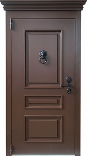 Металлофиленчатая входная термодверь с карнизом, кнокером и коричневой полимерной покраской