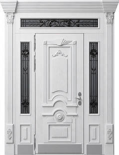 Парадная входная группа с терморазрывом, капителями, отбойниками, ковкой, стеклами и белыми панелями МДФ с резьбой