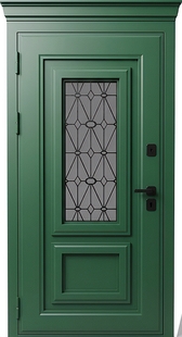 Уличная входная термодверь с металлофиленкой, карнизом, стеклом и решеткой, зеленой полимерной покраской
